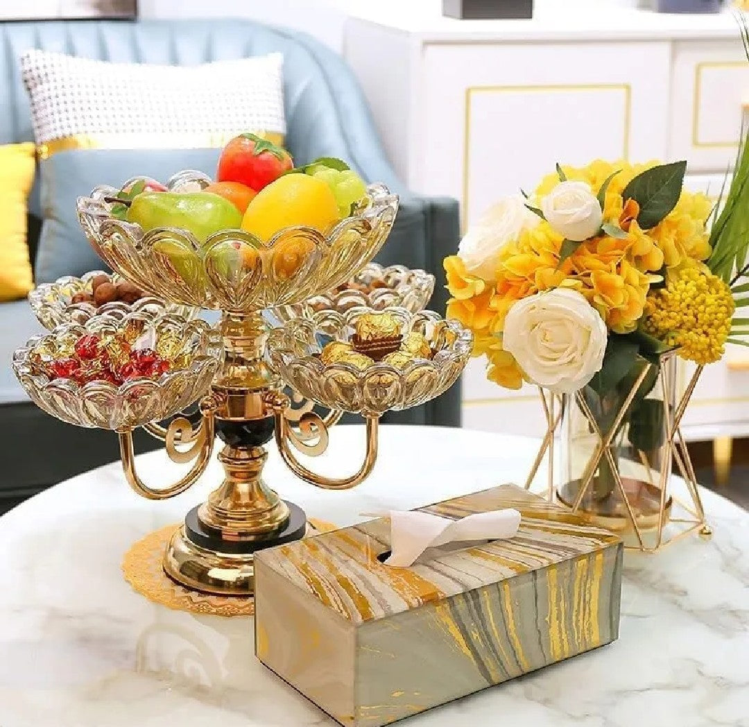 Luxury Rotating Fruit & Dry Fruit Stand – 5 Bowl Crystal Glass Serving Tray with Gold Base
