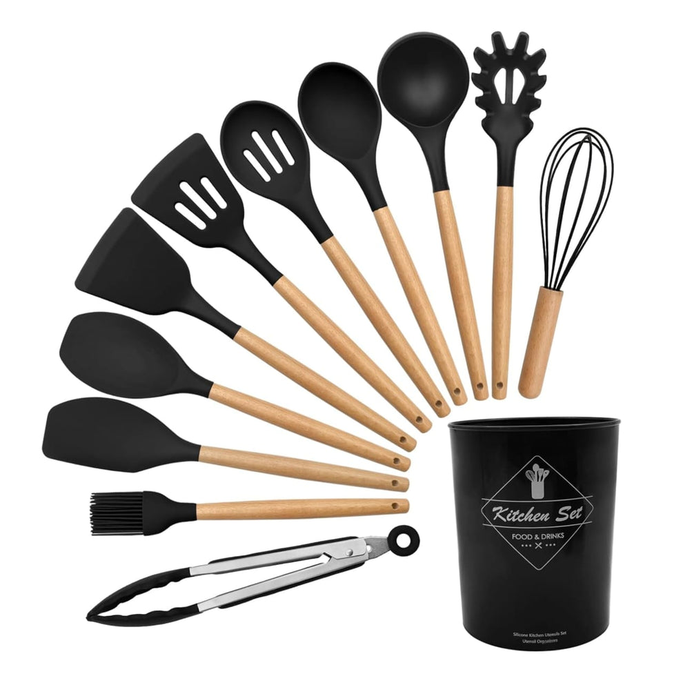 12 Piece Silicone Utensil Set With Wooden Handle