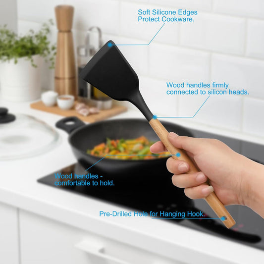 12 Piece Silicone Utensil Set With Wooden Handle