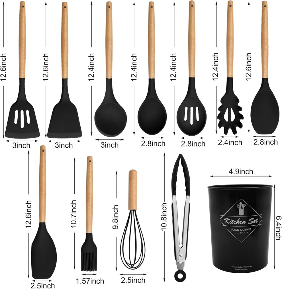 12 Piece Silicone Utensil Set With Wooden Handle