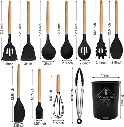 12 Piece Silicone Utensil Set With Wooden Handle