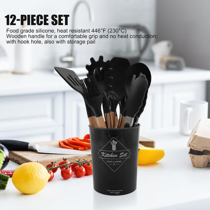 12 Piece Silicone Utensil Set With Wooden Handle