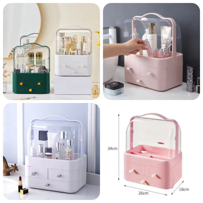 Large Capacity Cosmetic Storage Box – Dustproof Makeup Organizer with 3 Drawers & Clear LidPortable Makeup & Skincare