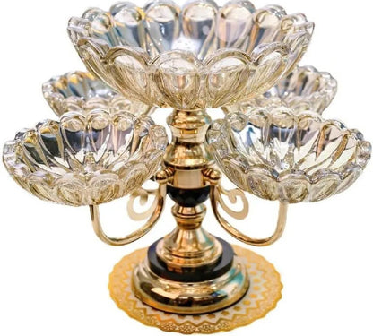 Luxury Rotating Fruit & Dry Fruit Stand – 5 Bowl Crystal Glass Serving Tray with Gold Base