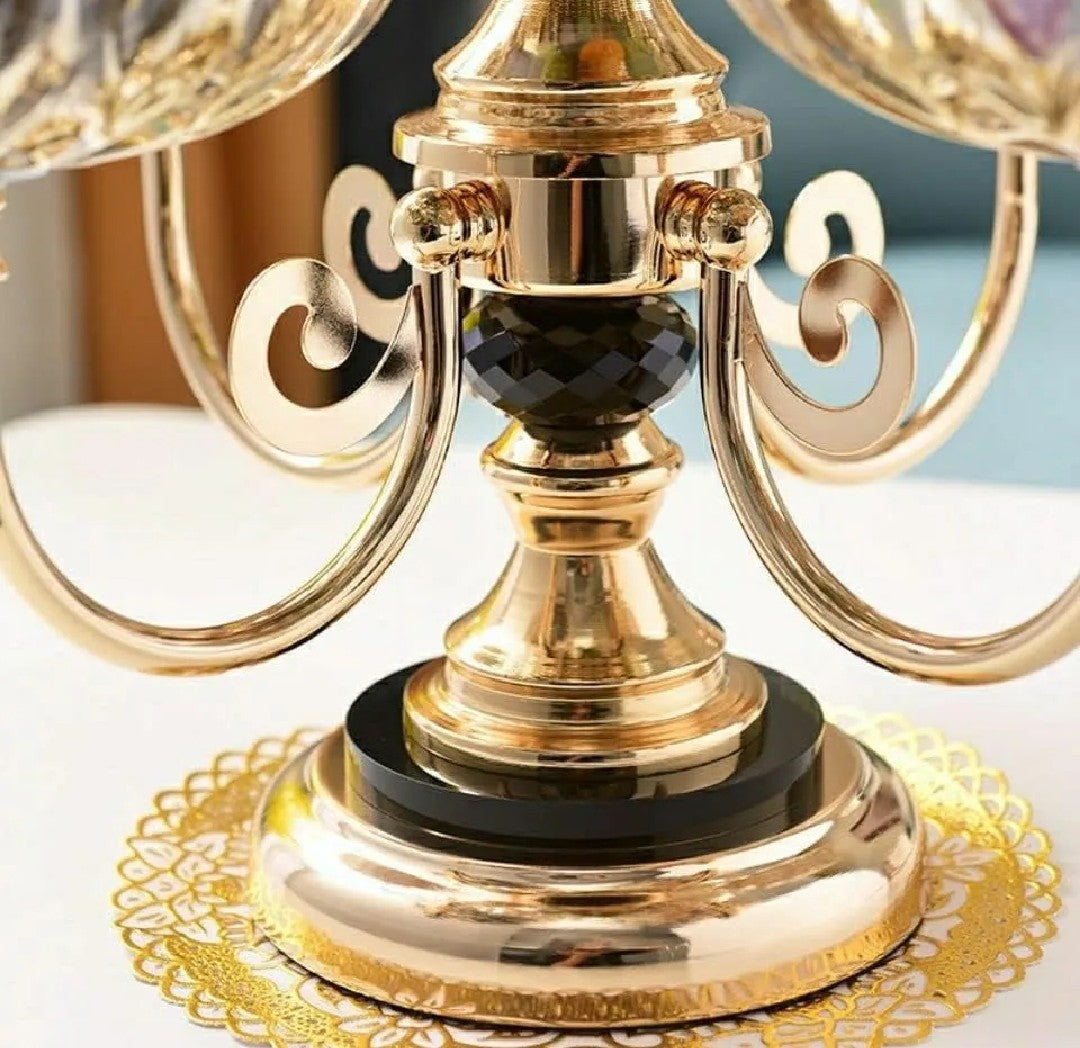 Luxury Rotating Fruit & Dry Fruit Stand – 5 Bowl Crystal Glass Serving Tray with Gold Base