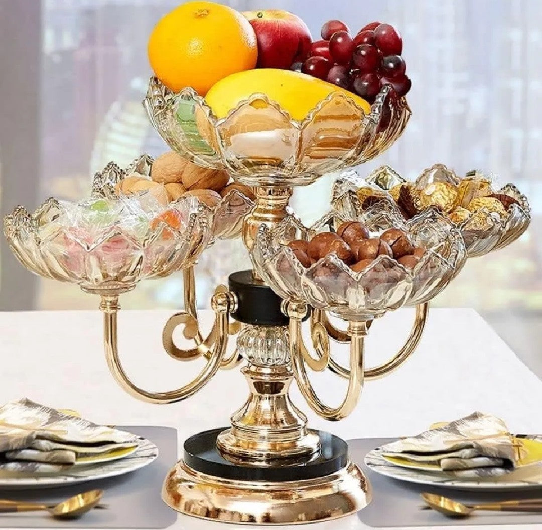 Luxury Rotating Fruit & Dry Fruit Stand – 5 Bowl Crystal Glass Serving Tray with Gold Base
