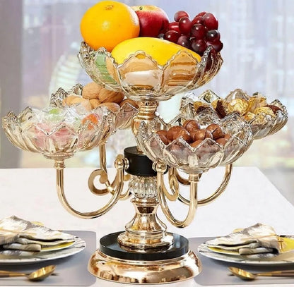 Luxury Rotating Fruit & Dry Fruit Stand – 5 Bowl Crystal Glass Serving Tray with Gold Base