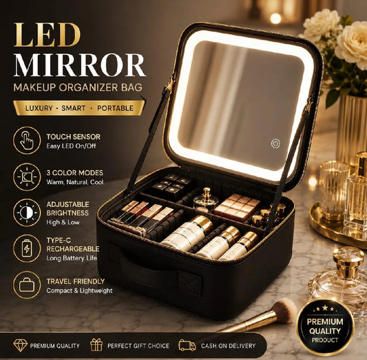Adjustable Leather Luxury Makeup Bag With LED Mirror