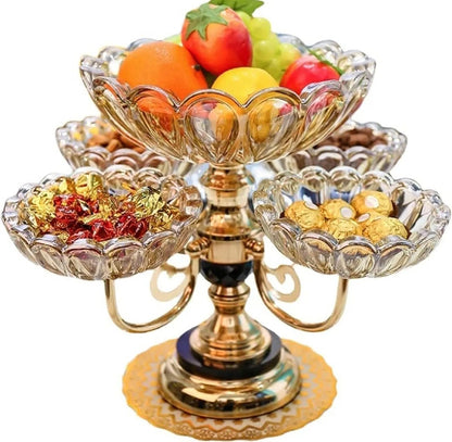 Luxury Rotating Fruit & Dry Fruit Stand – 5 Bowl Crystal Glass Serving Tray with Gold Base